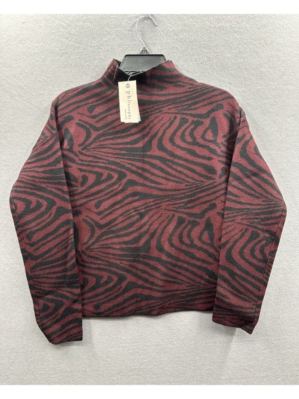 Philosophy Sweater XS NWT Burgundy Black Tiger Animal Print Mock Neck Pullover